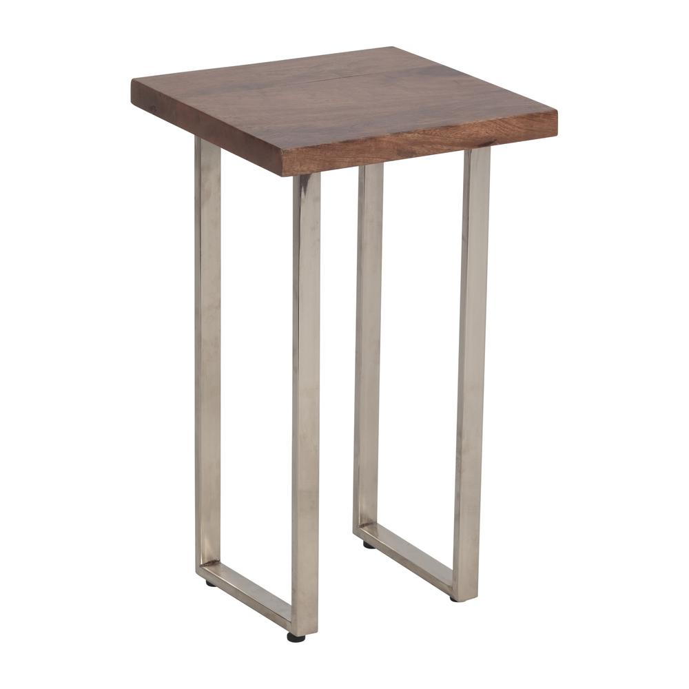 Metal, 20" Square Wood Top Accent Table, Silver. Picture 1