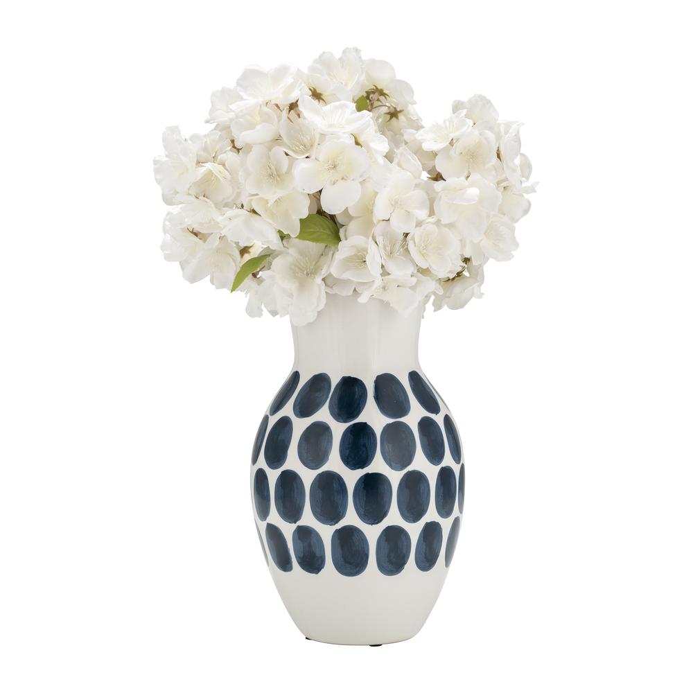 Cer, 10"h Navy Polk-a-dot Flower Vase, White. Picture 2