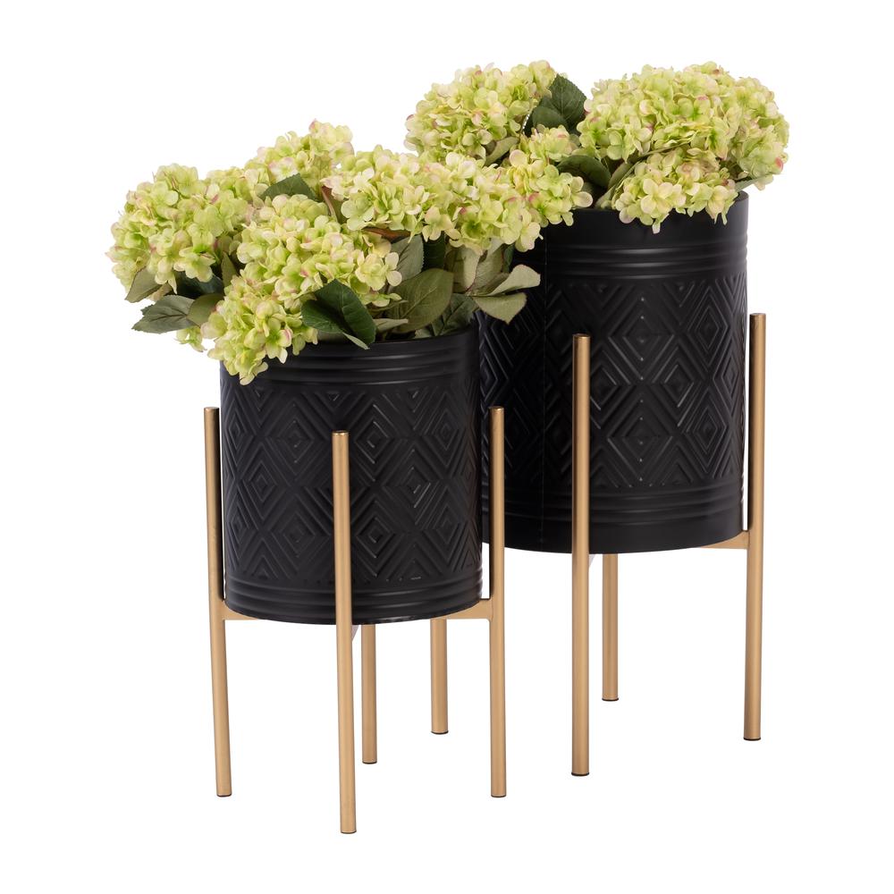 S/2 Aztec Planter On Metal Stand, Black/gold. Picture 4