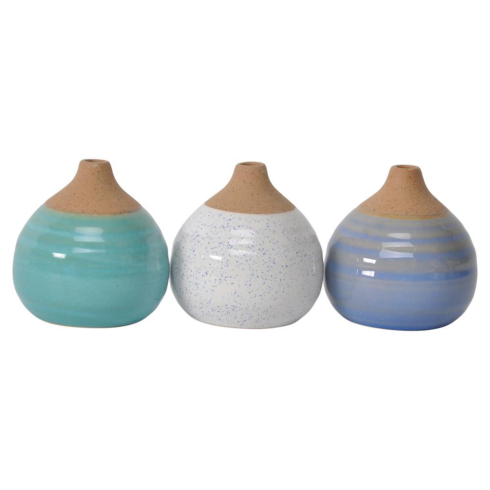S/3 Glazed Bud Vases, Blue/turq/white. Picture 1