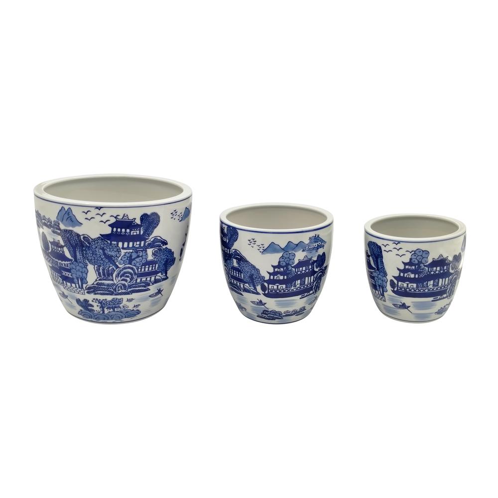 Cer, S/3 6/8/10" Chinoiserie Planters, Blue/white. Picture 1