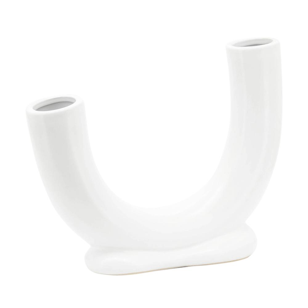 Cer, 8"h U-shaped Vase W/ Base, White. Picture 1
