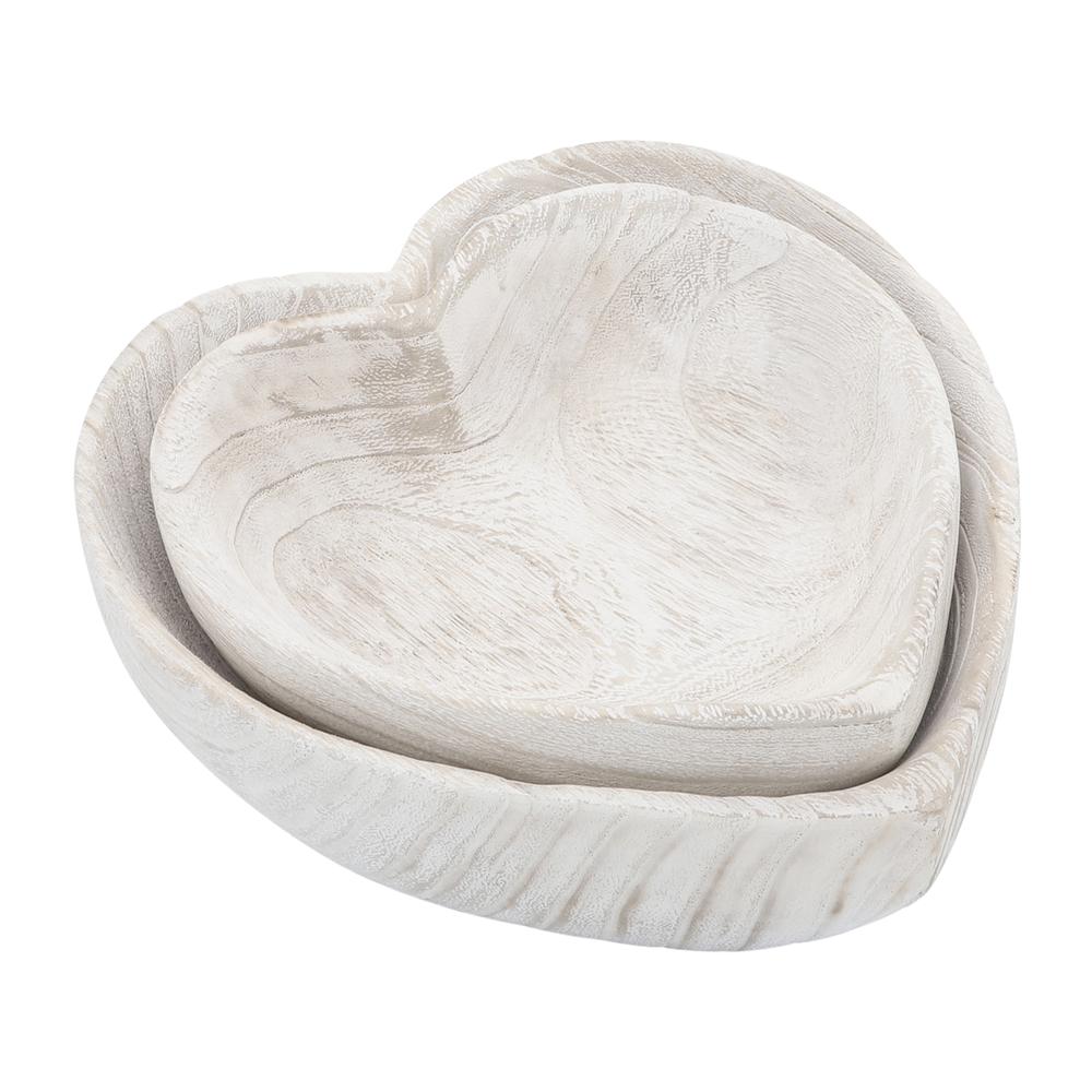 Wood, S/2 9/10" Heart Bowls, White. Picture 1