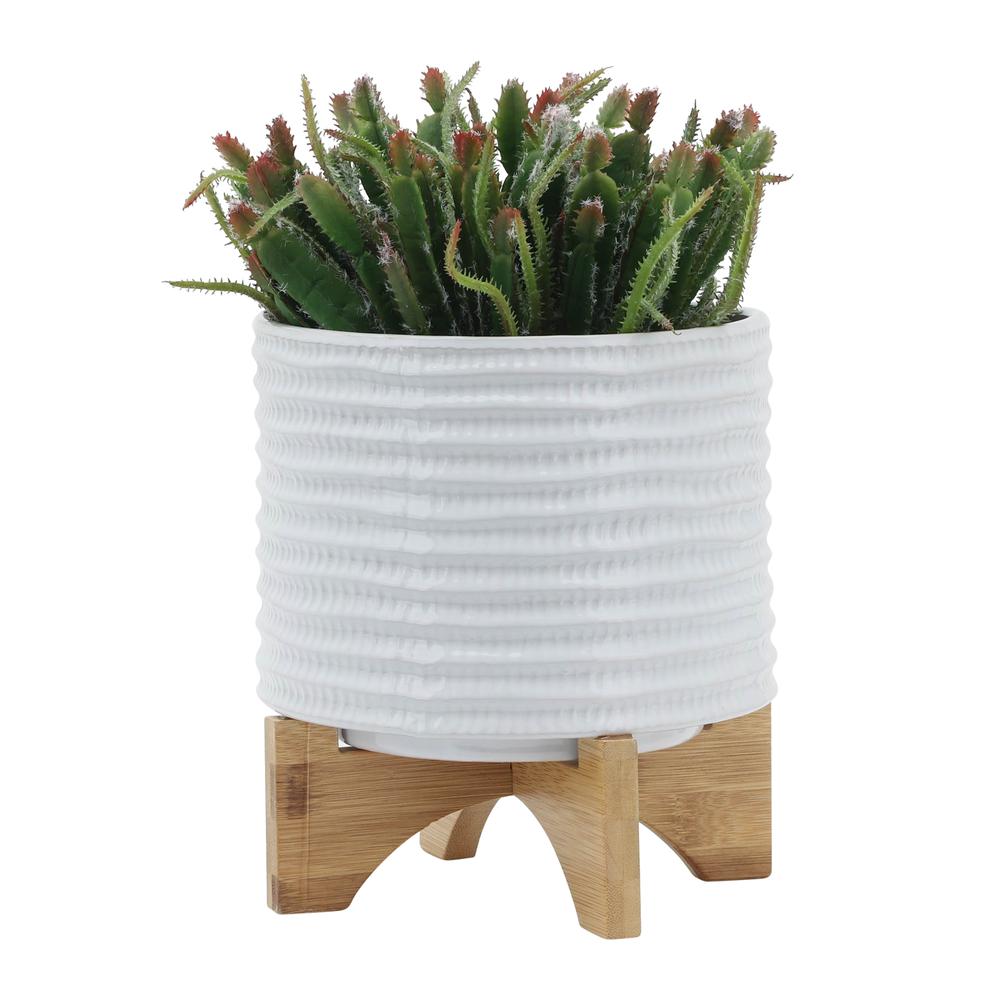8" Textured Planter W/ Stand, White. Picture 3