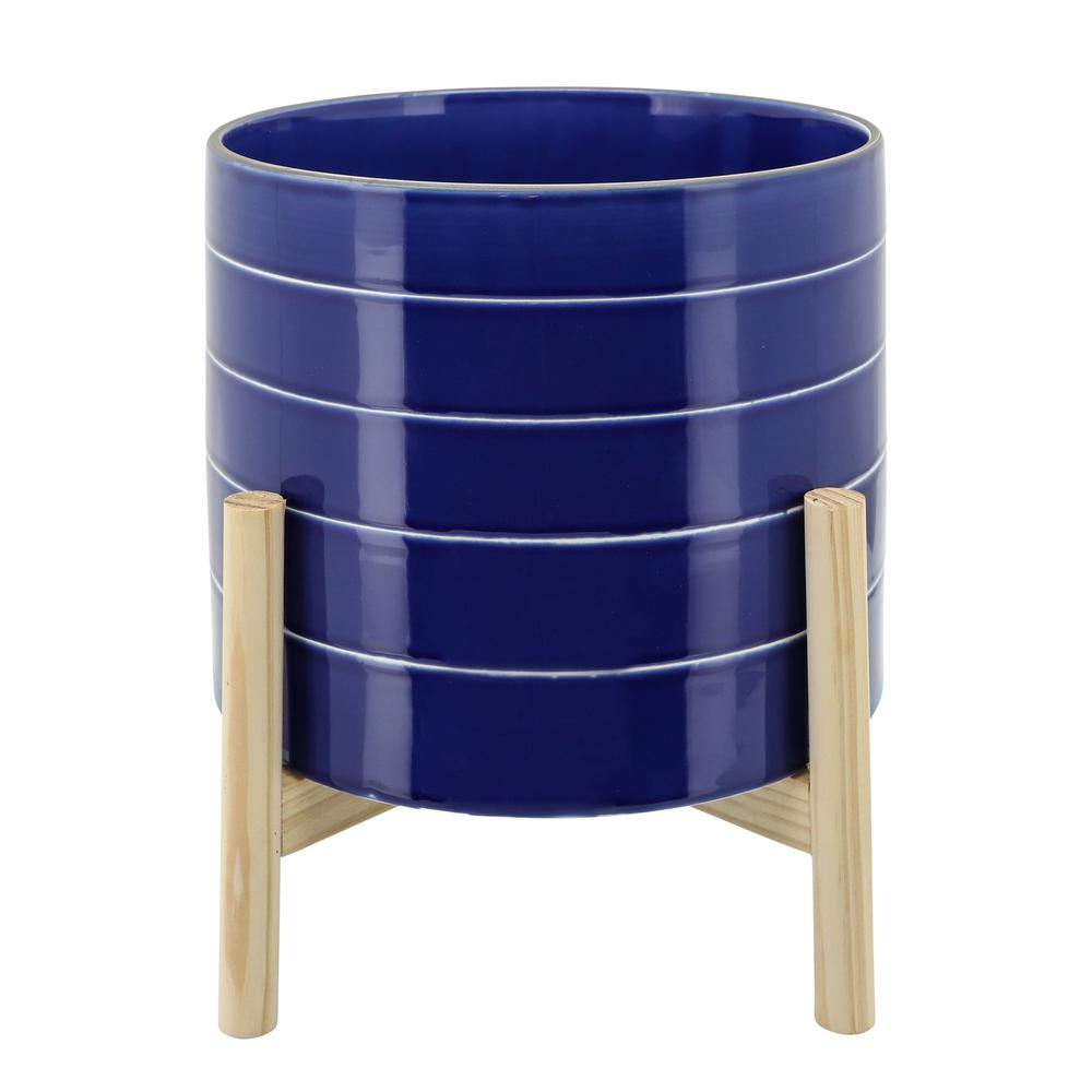 10" Striped Planter W/ Wood Stand, Navy. Picture 1