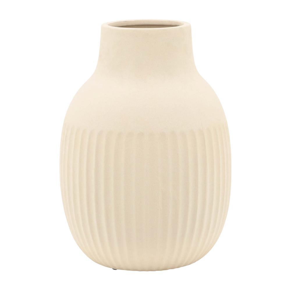 Cer, 9"h Ridged Bulbous Vase, Ivory. Picture 3