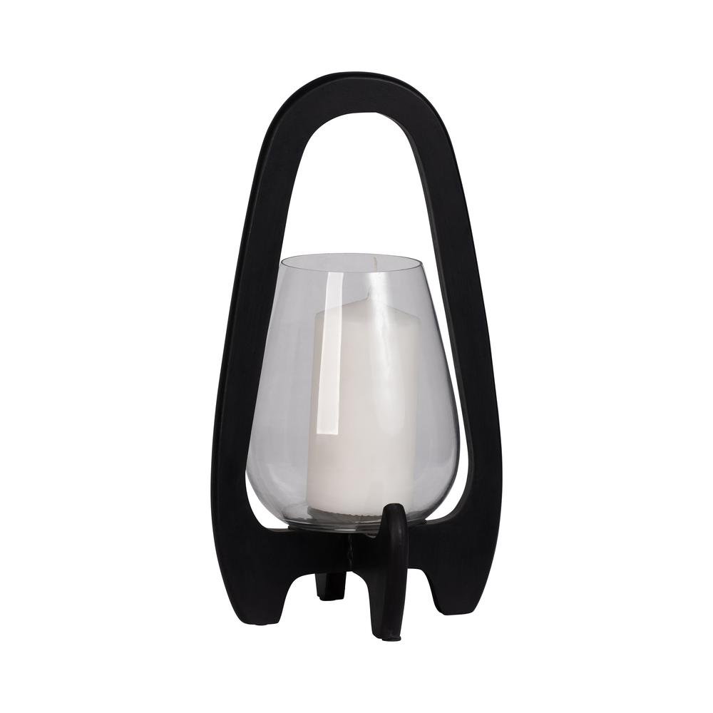 15"h Glass Lantern W/ Wood Handle, Black. Picture 1