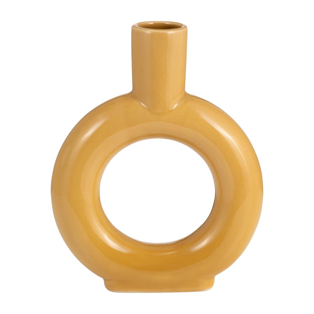 Cer, 9" Round Cut-out Vase, Mustard Gold. Picture 1