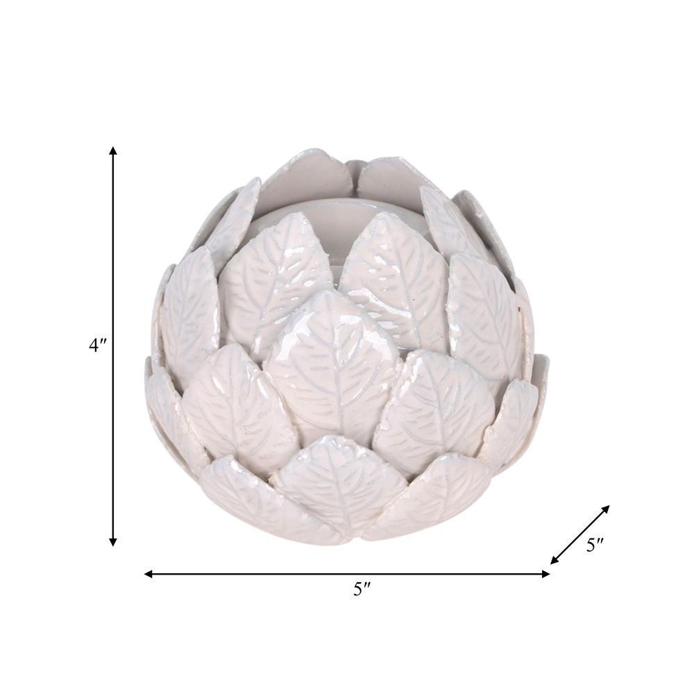 Cer, 5" Lotus Ball Votive Holder, White. Picture 2