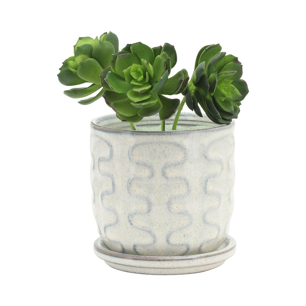 Cer, S/2 5/6" Wiggly Planter W/ Saucer, Beige. Picture 3