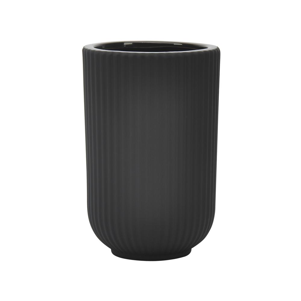 Cer, 7"h Ridged Vase, Black. Picture 1