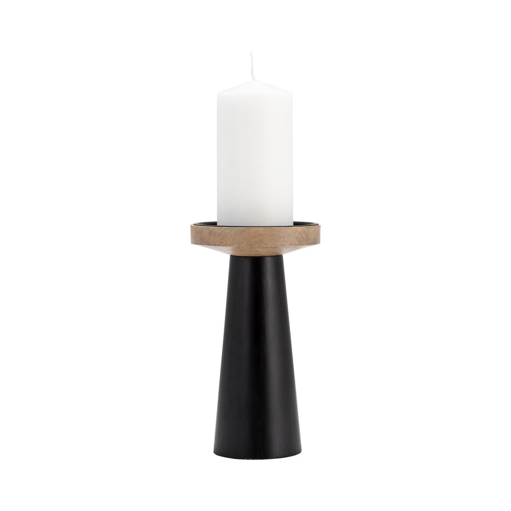 Wood, 9" Flat Candle Holder Stand, Black/natural. Picture 3