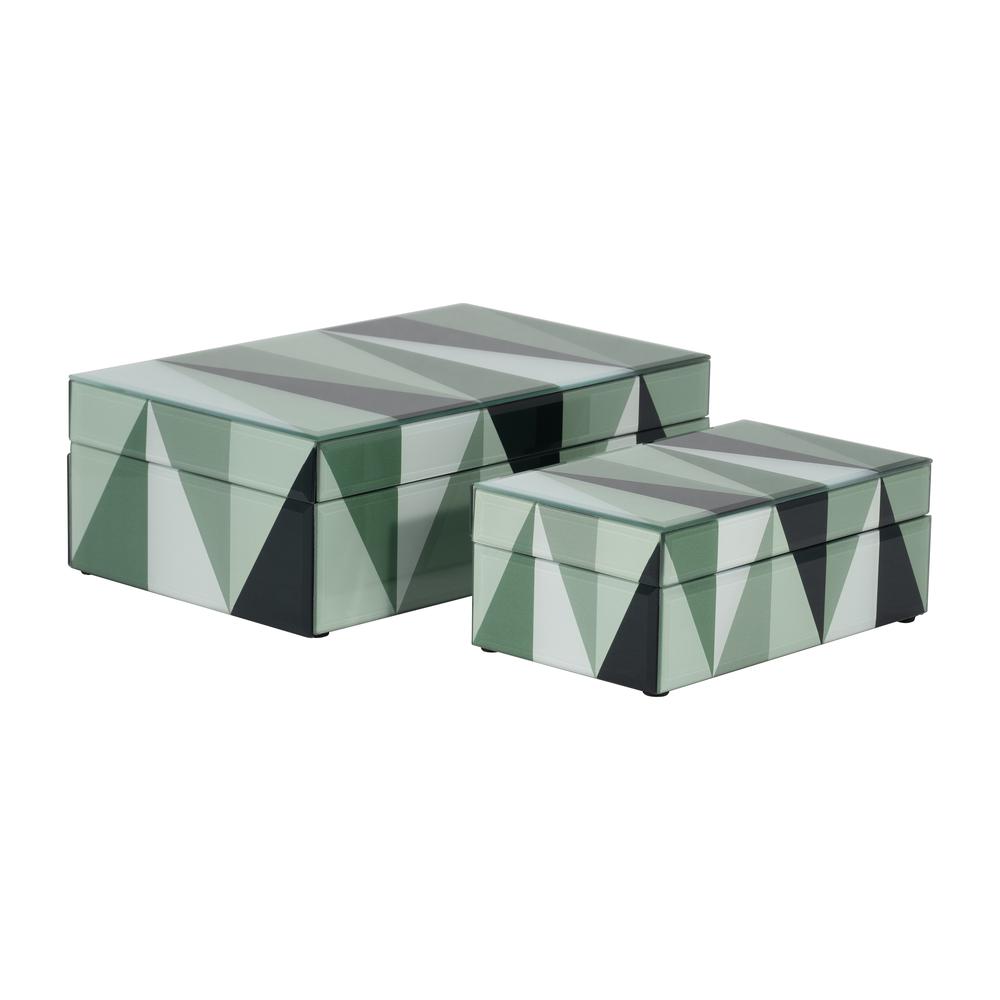 Glass, S/2 8/11" Triangles Boxes, Green/white. Picture 1