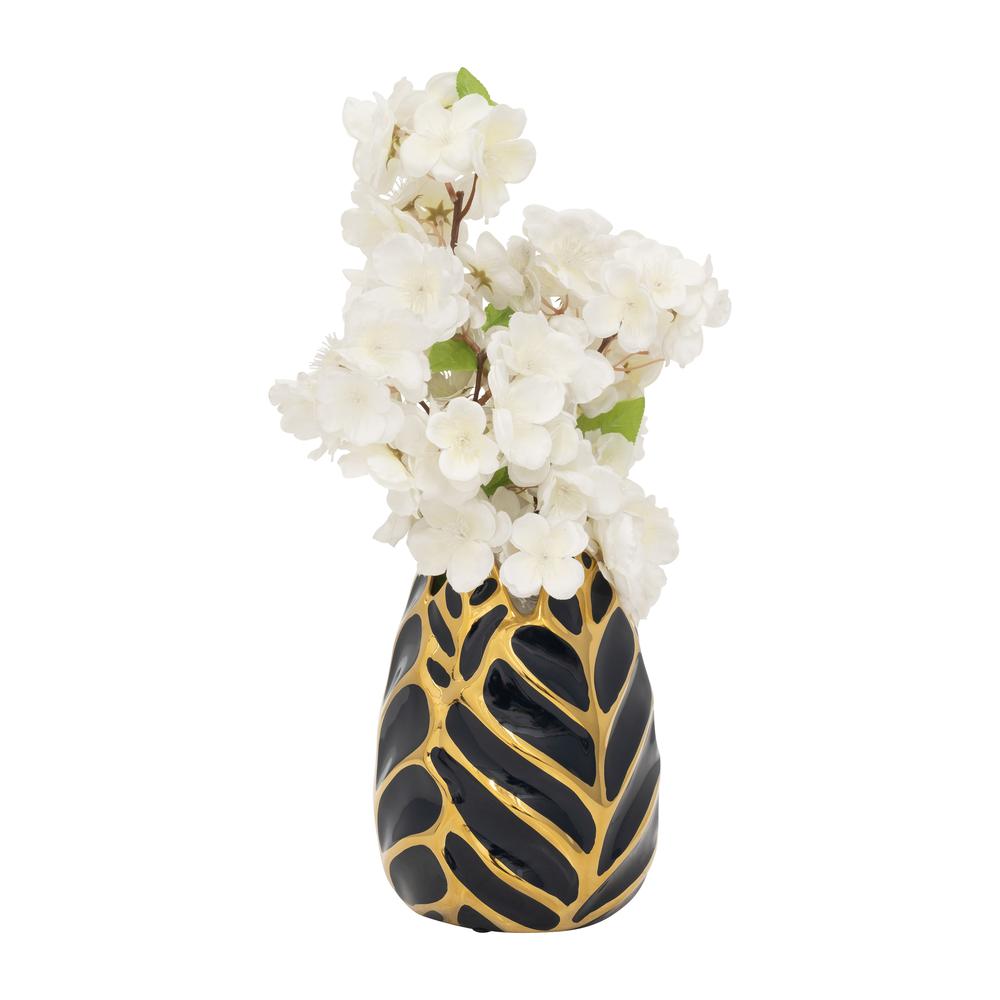 Ceramic 8" Leaf Vase, Drk Navy/gold. Picture 3