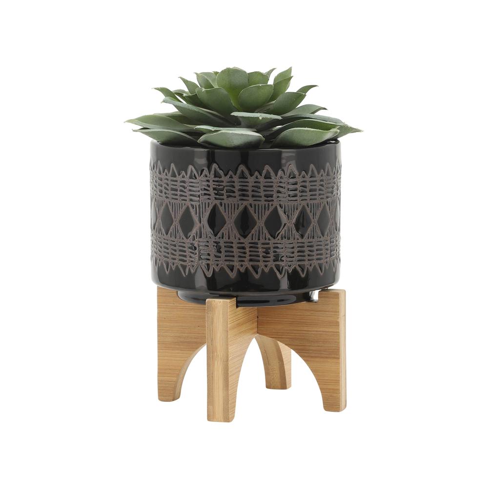 Cer, S/2 5/8" Aztec Planter On Wooden Stand, Black. Picture 4