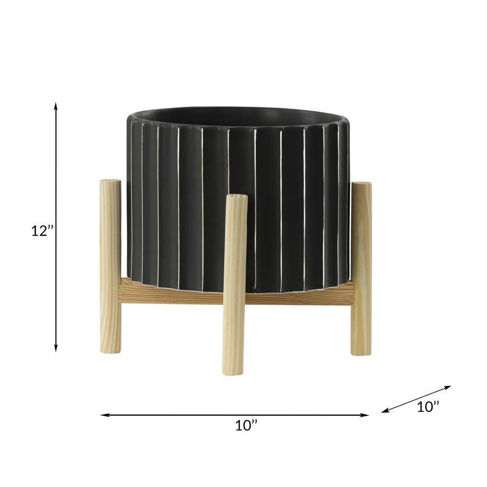 12" Ceramic Fluted Planter W/ Wood Stand, Black. Picture 8