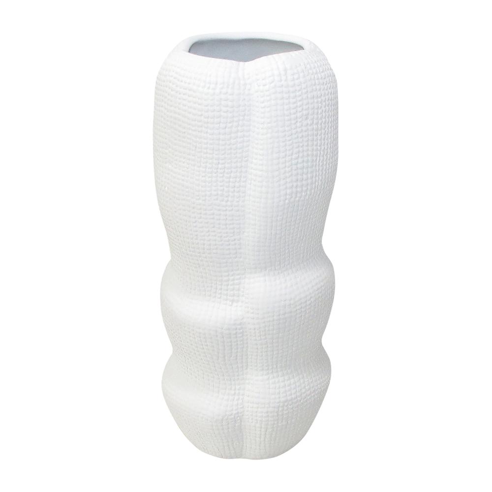 Cer, 12" Waffle Texture Organic Vase, White. Picture 1