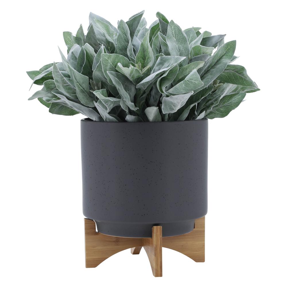 10" Planter W/ Wood Stand, Matte Gray. Picture 3