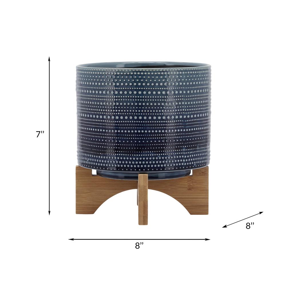 8" Dotted Planter W/ Wood Stand, Blue. Picture 8