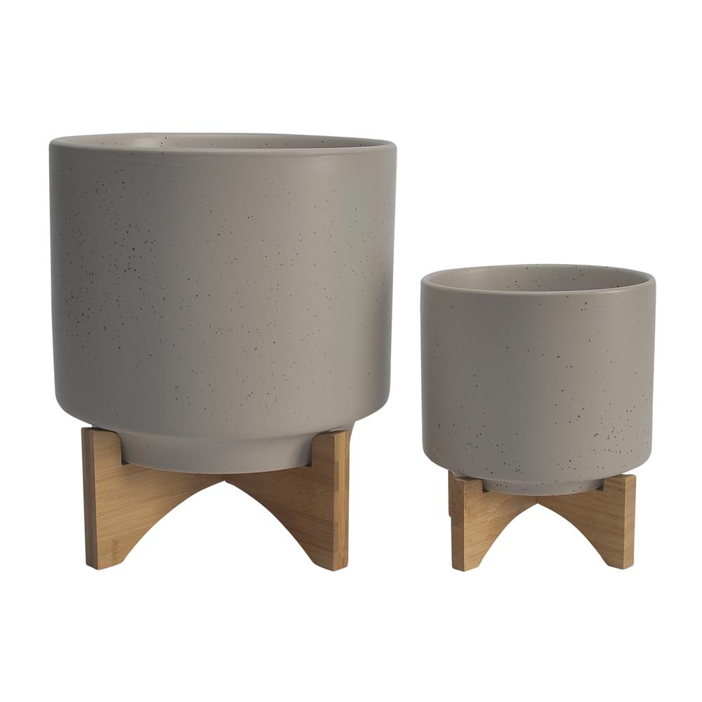 Cer, S/2 8/10"  Planter W/ Wood Stand, Matte Beige. Picture 1