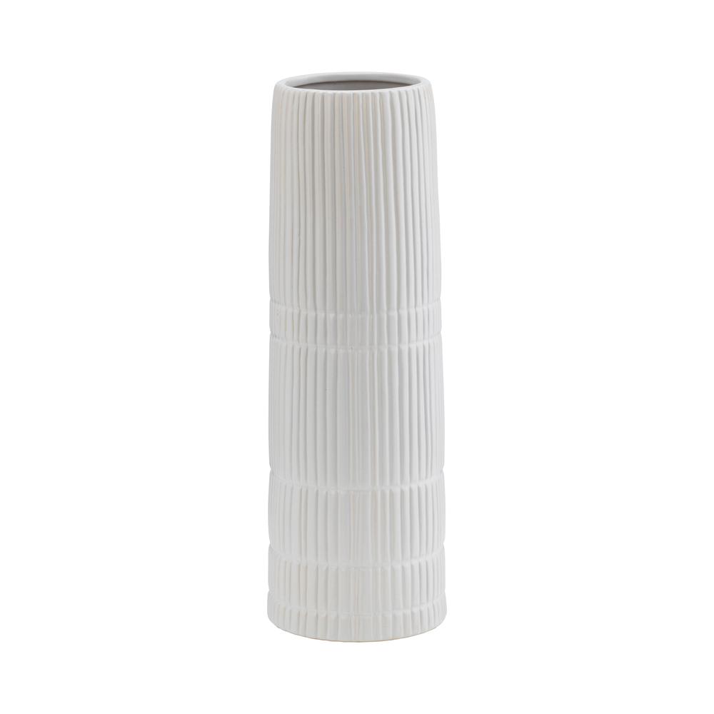 Cer, 15"h Lined Cylinder Vase, White. Picture 2