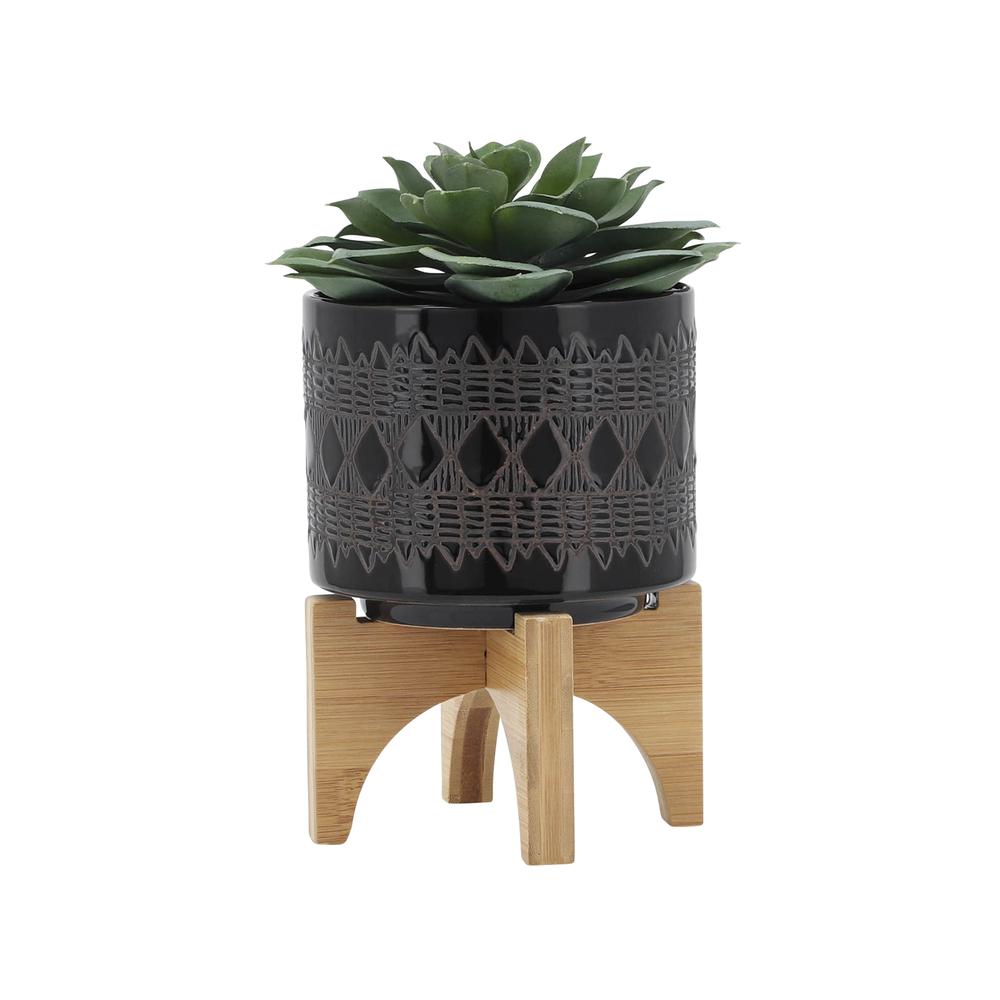 Ceramic 5" Aztec Planter On Wooden Stand, Black. Picture 3