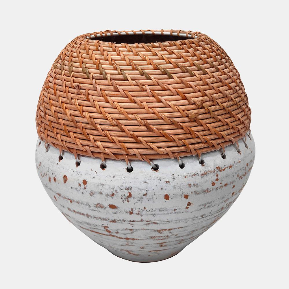Clay, 9" Vase With Woven Top, White/natural. Picture 1