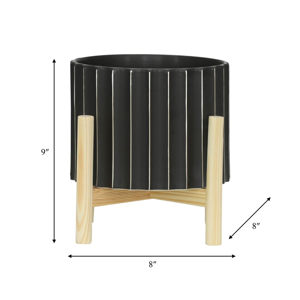 8" Ceramic Fluted Planter W/ Wood Stand, Black. Picture 8