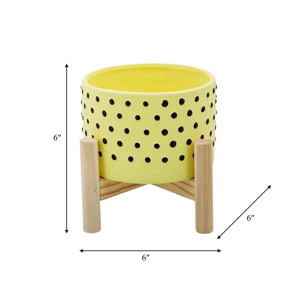 6" Dotted Planter W/ Wood Stand, Yellow. Picture 3