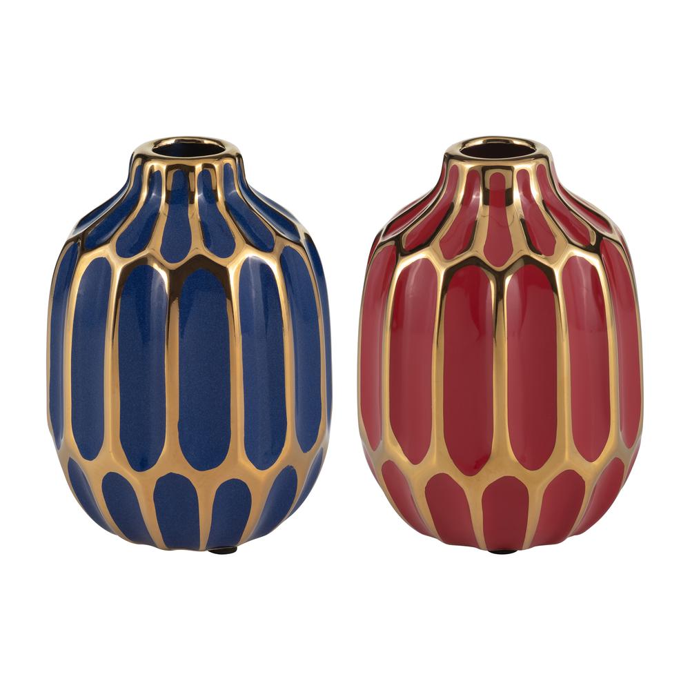 Ceramic Vase, 5"h, S/2, Navy/red. Picture 2