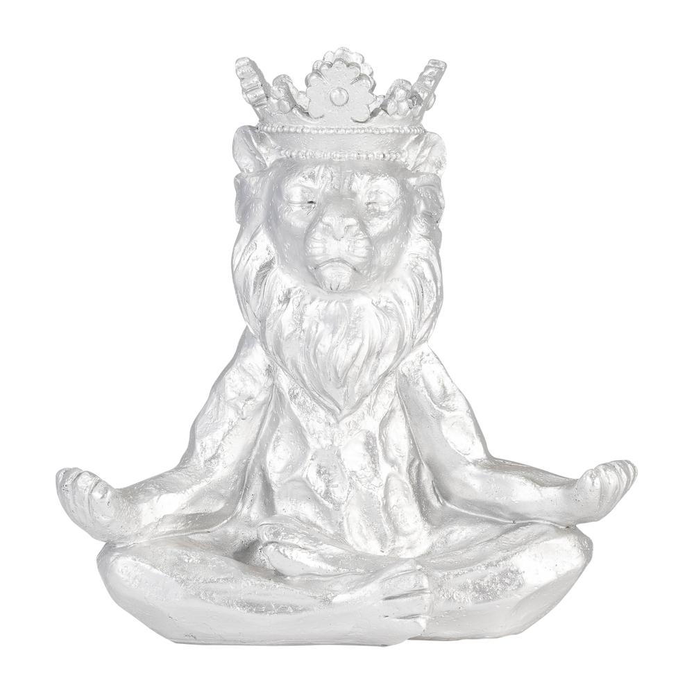 Resin 7" Yoga Lion W/ Crown, Silver. Picture 1