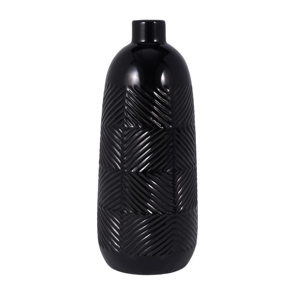 Cer, 16" Textured Lines Vase, Black. Picture 1