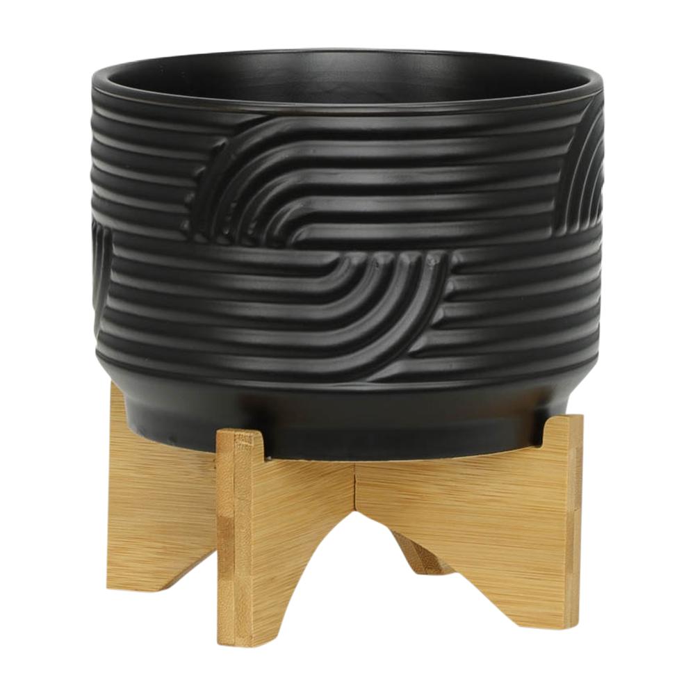 Cer, 7" Abstract Planter On Stand, Black. Picture 1