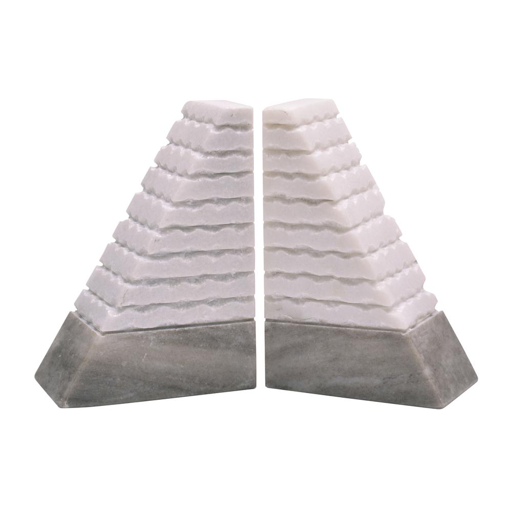 S/2 Marble 6"h Pyramid Bookends, White/onyx. Picture 1