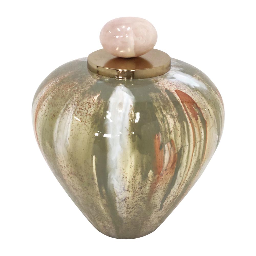 Glass, 10" Temple Vase W/ Resin Topper, Blush/gree. Picture 1
