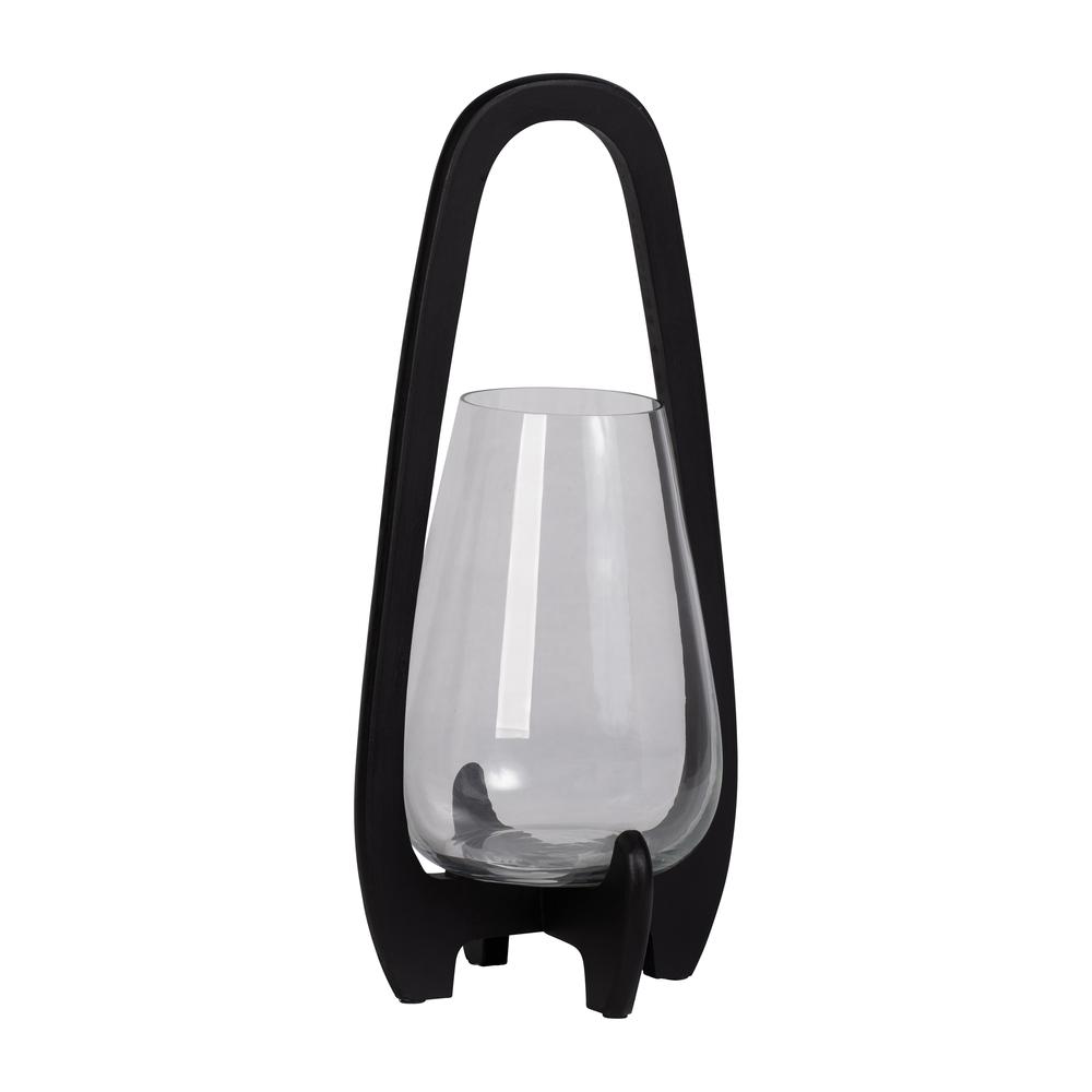 18"h Glass Lantern W/ Wood Handle, Black. Picture 2