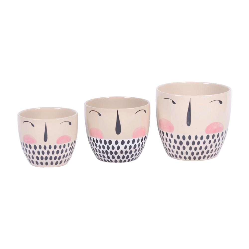 Cer, S.3 6/7/8" Painted Face Planters, Multi. Picture 1