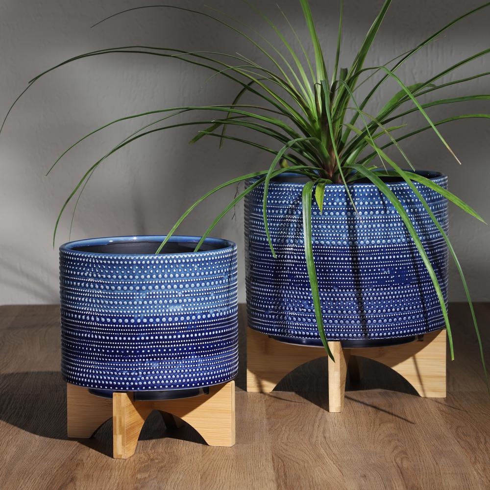 10" Dotted Planter W/ Wood Stand, Blue. Picture 10