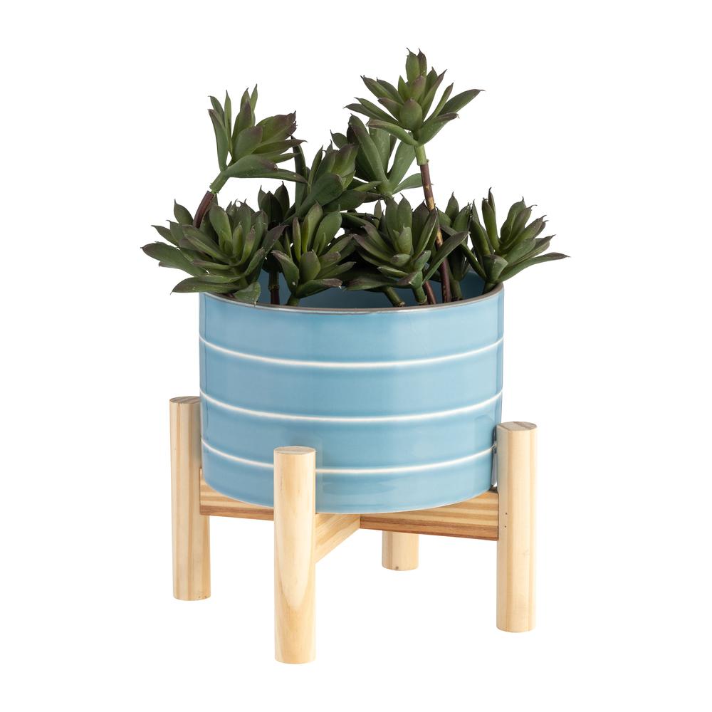 6" Striped Planter W/ Wood Stand, Skyblue. Picture 4