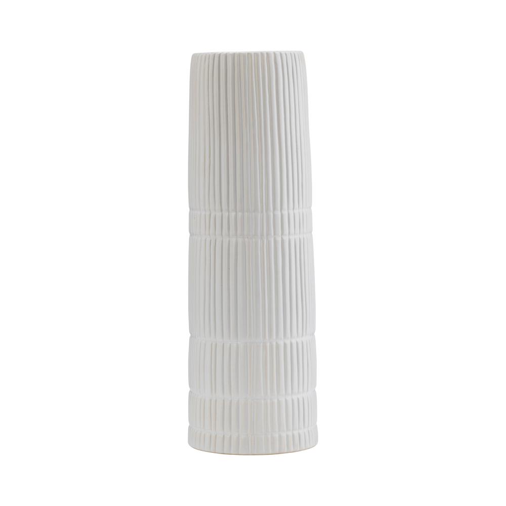 Cer, 15"h Lined Cylinder Vase, White. Picture 1