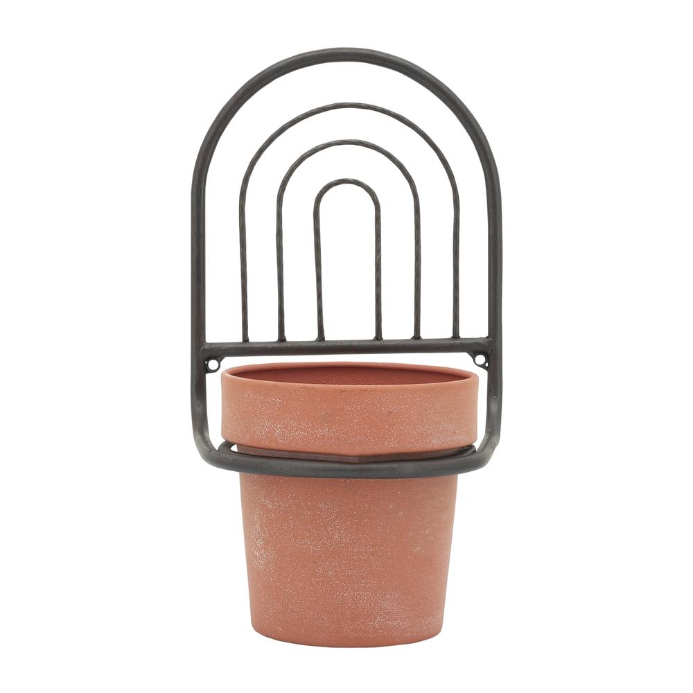 Metal, 11"h Wall Planter, Black/terracotta. Picture 2