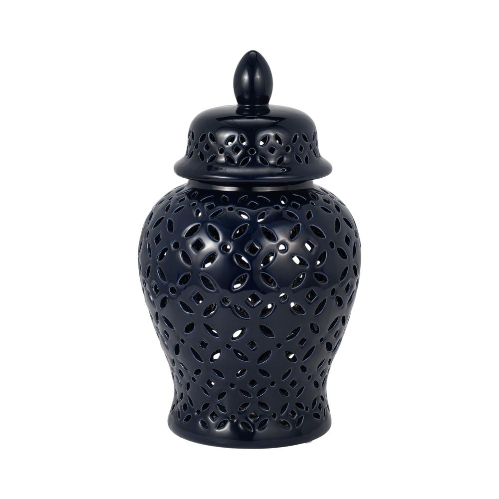 17" Cut-out Daisies Temple Jar, Navy Blue. Picture 1