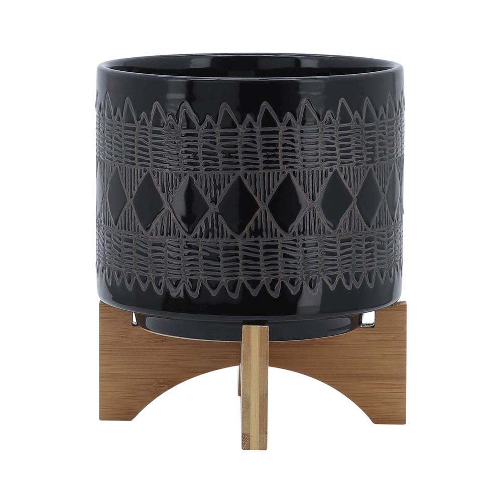Ceramic 8" Aztec Planter On Wooden Stand, Black. Picture 2