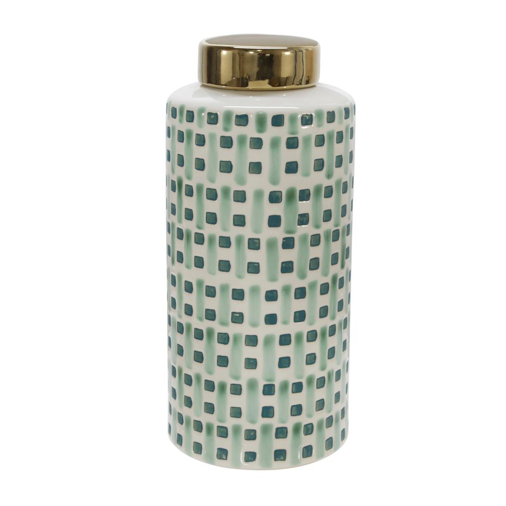Ceramic 13" Jar With Gold Lid, Green/white. Picture 1