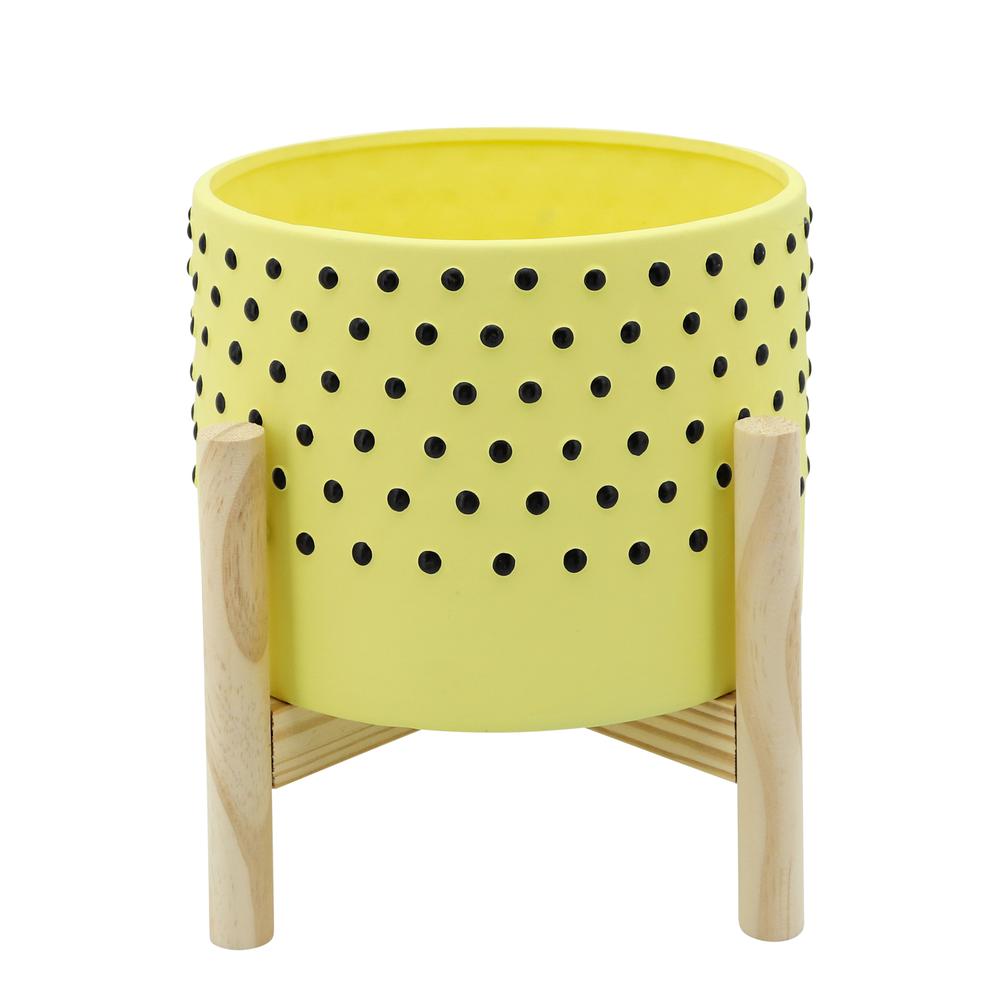 8" Dotted Planter W/ Wood Stand, Yellow. Picture 1