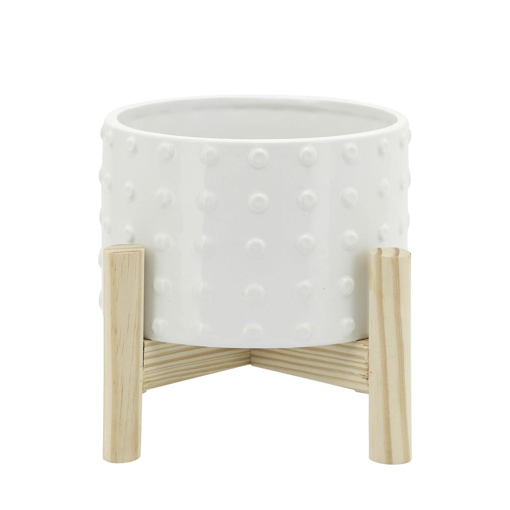 6" Ceramic Dotted Planter W/ Wood Stand, White. Picture 1