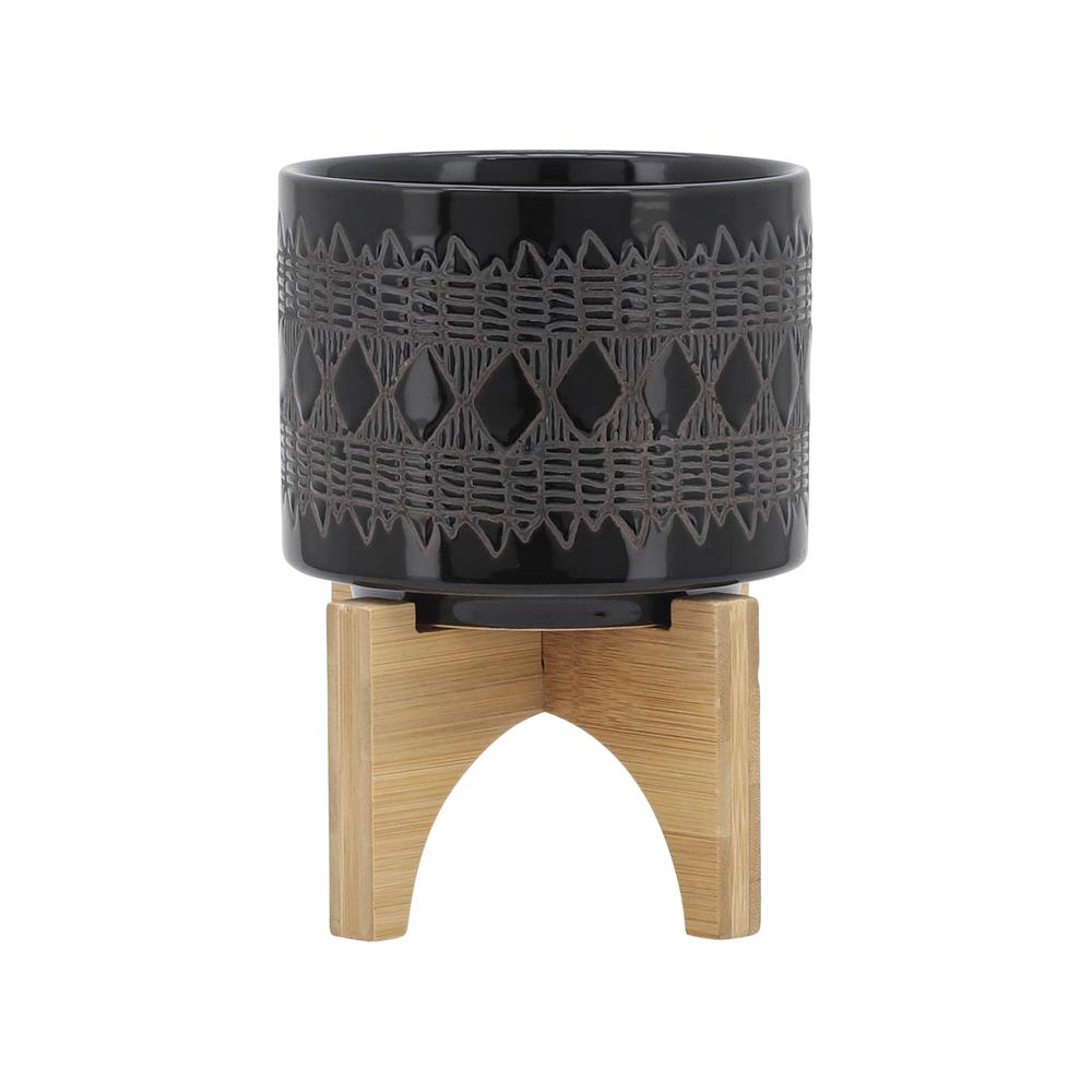 Ceramic 5" Aztec Planter On Wooden Stand, Black. Picture 1