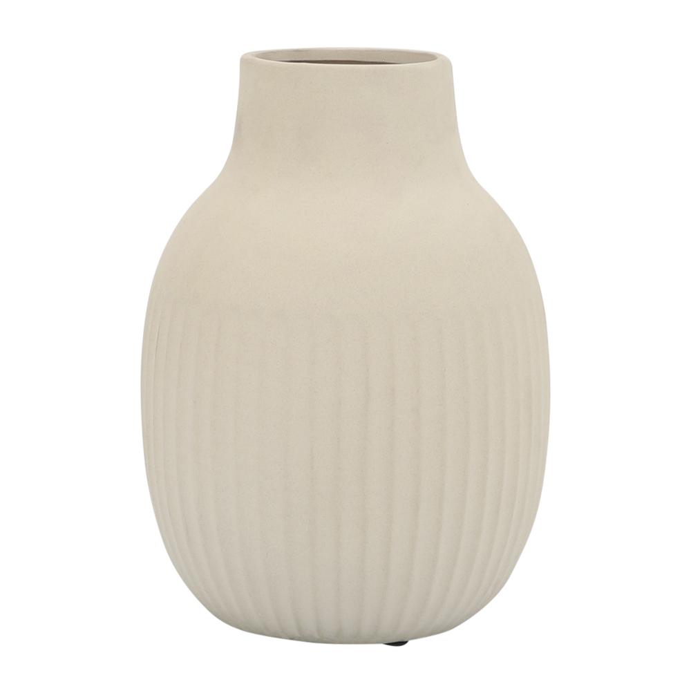 Cer, 9"h Ridged Bulbous Vase, Ivory. Picture 1