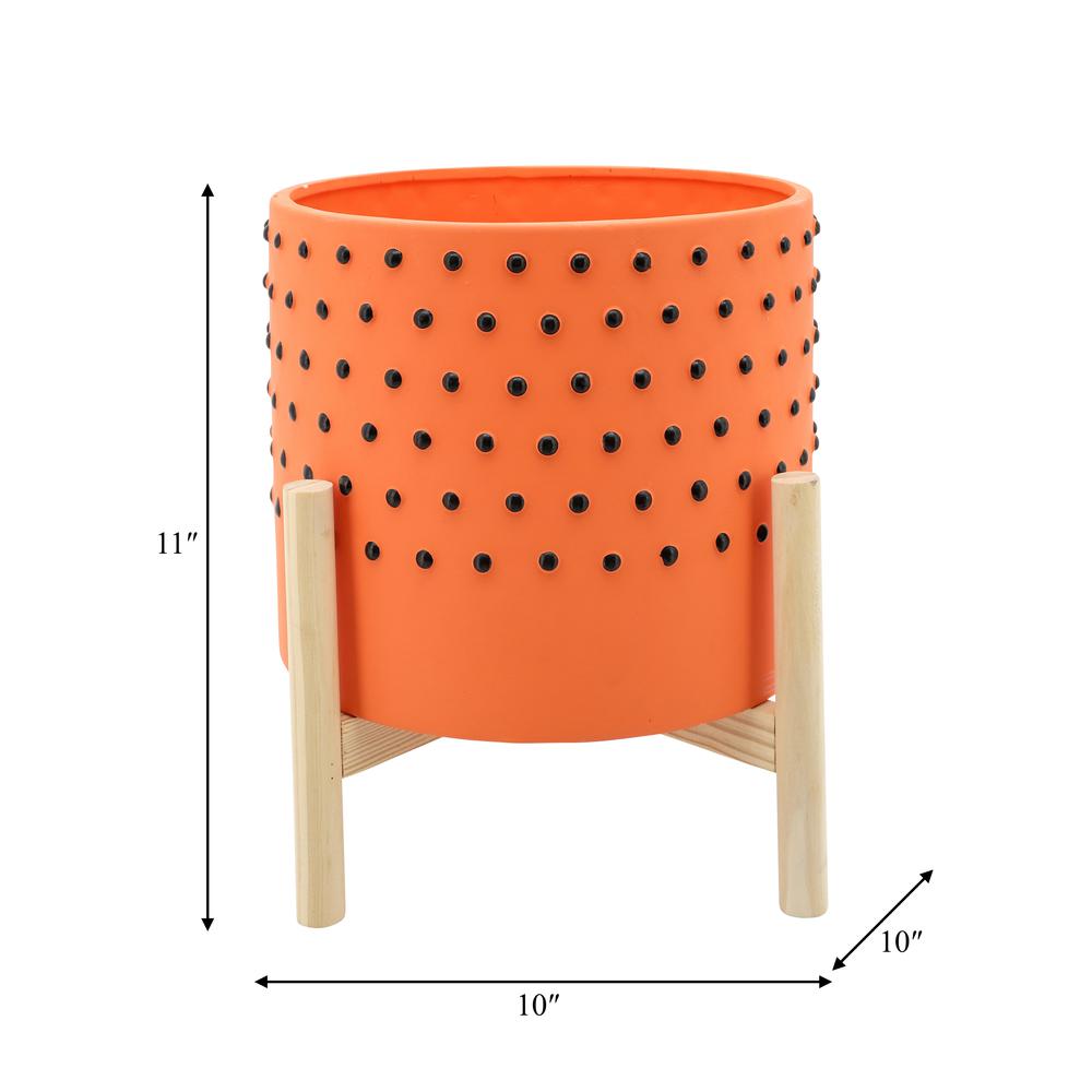 10" Dotted Planter W/ Wood Stand, Orange. Picture 3