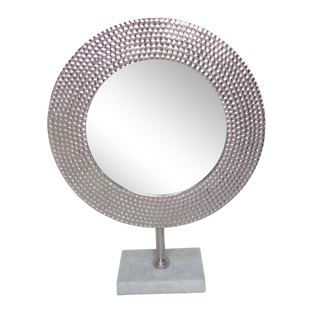 Metal 19" Hammered Mirror On Stand, Silver. Picture 1